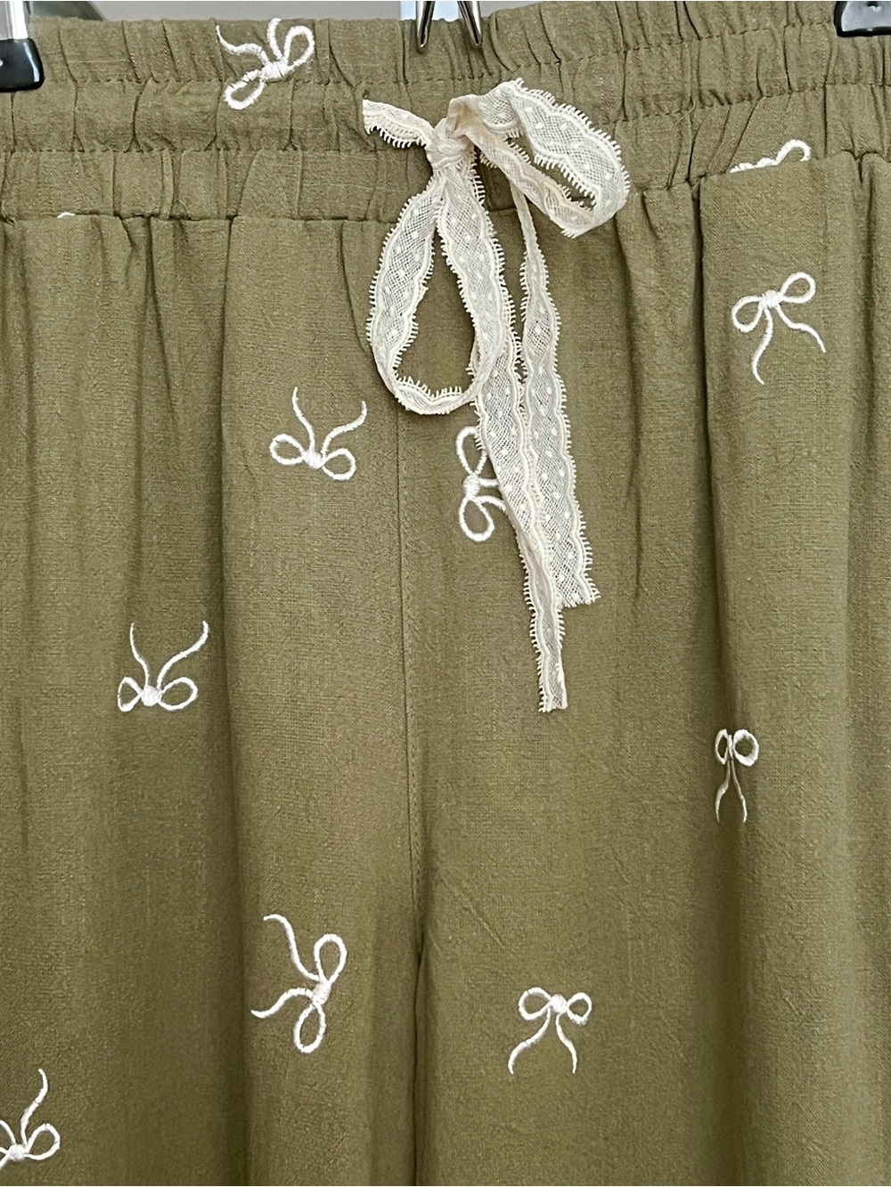 Umgee Linen Blend Wide Leg Pants SZ L Green Bows Flowy Lace Drawstring Waist - Picture 5 of 9